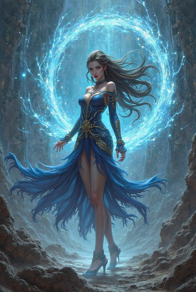 Elara déterminée, franchissant un obstacle magique avec un sort puissant, son regard fixé sur sa quête.