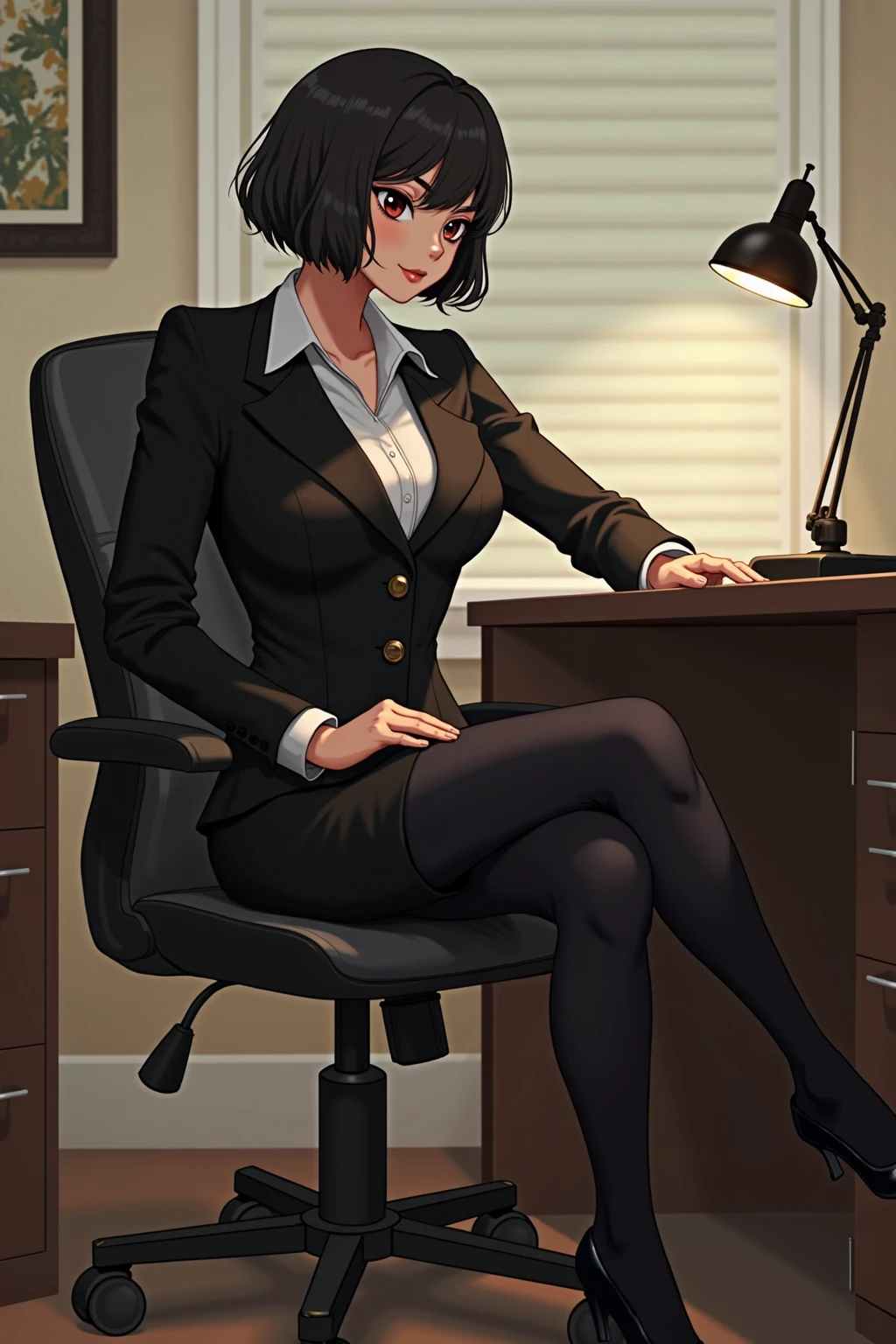 ((half)RAW Photo CEO woman sitting in office chair, wearing a black suit, (using dark attractive eyes) movie scene, (impeccable) ,serious and elegant woman, thick female eyebrows, Agent 007 Bond girl style, (mysterious serious face,) dark short hair, dark black background image, elegant and elegant, (high quality and realistic image), (best quality, 8k, masterpiece)