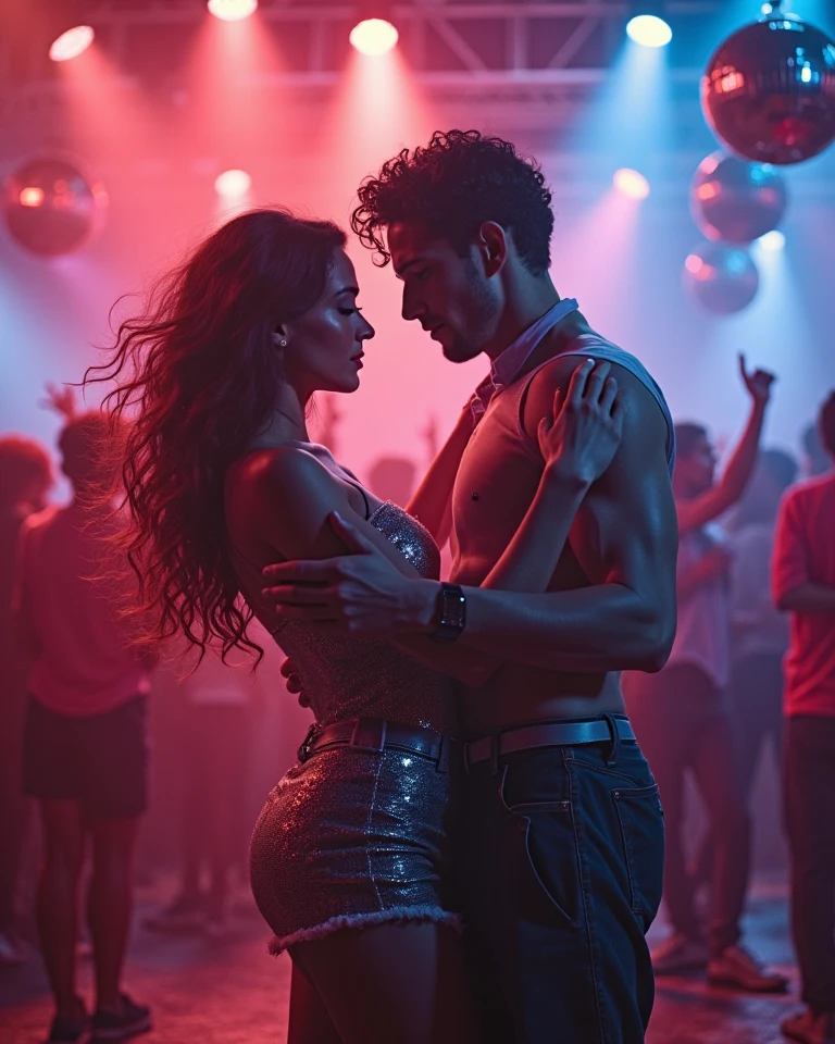 Young couple dancing in a nightclub in leopard clothes, Super Realism 16k Photo