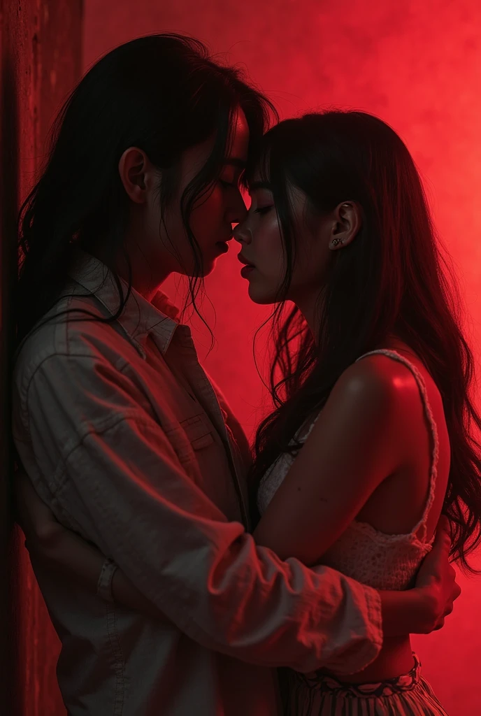 vampires kissing in dark room, boy and girl, not asian, white couple, red eyes vampire fangs