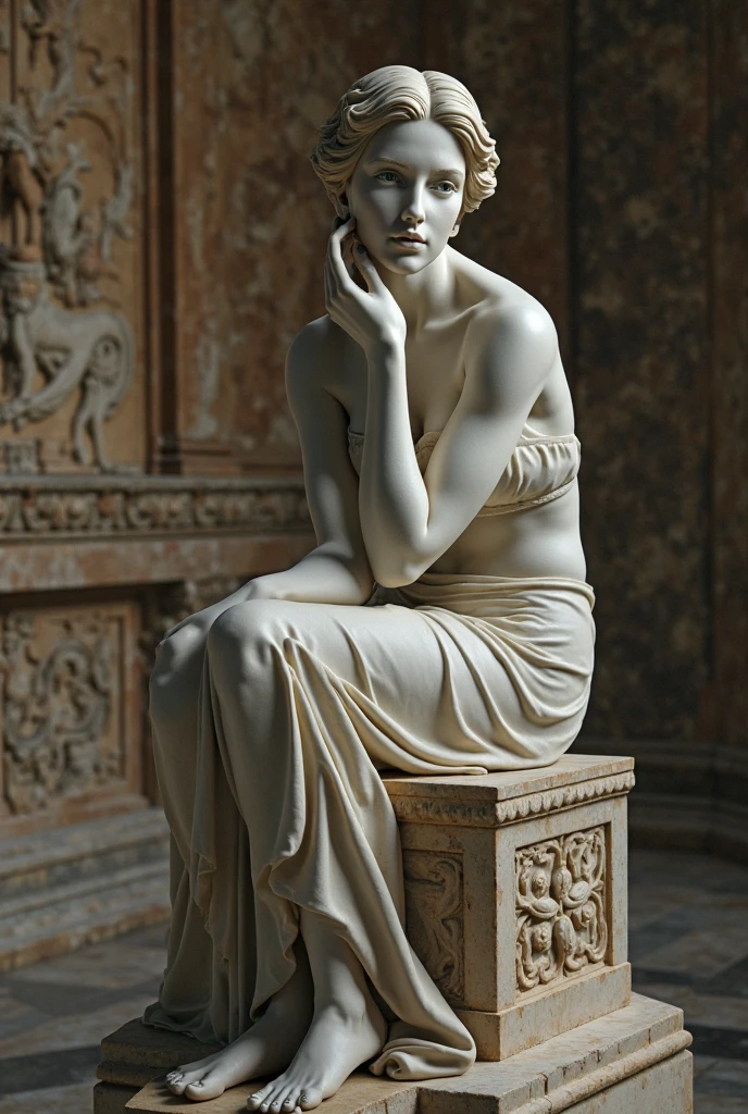 Marble statue of a 21 year old girl, body number, with one knee on the floor, one hand on the leg and the other on the floor. (realisitic, high qualiy, rich in detail, fully body)