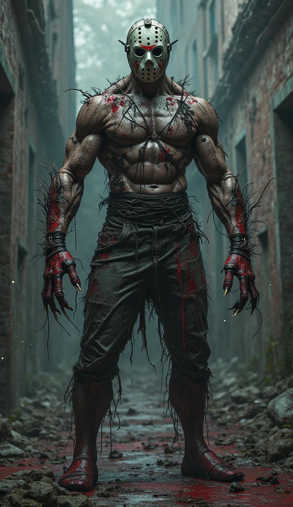 Zombie, male, strong body, muscle, as villain, smile bad with teeth sharp, zombie s, heavy chain in body, full body, full body view 