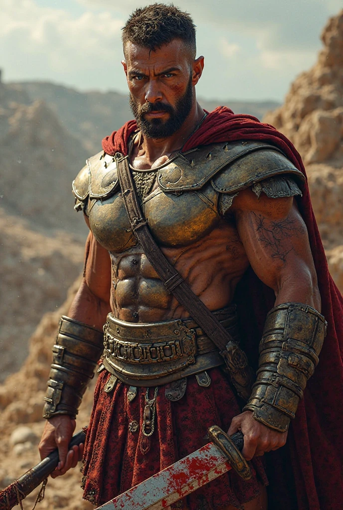 Raw, cinematic shot, (sharp focus:1.5), (photorealistic:1.2), 1boy, medium portrait muscle bulk daddy of (a weary-looking but still proud and fierce-looking บาบาเลี่ยน warrior, now the leader of his village, dressed in elaborately detailed chain mail and leather armour, a few torches burn on the walls, giving the scene a dark atmosphere but sculpting the forms in sharp chiaroscuro), it is night time, dark lighting, twilight lighting, volumetric lighting, blackground is city ruin.