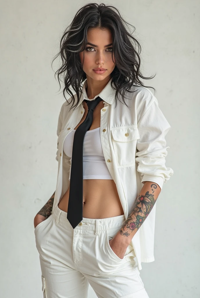 cocky badass arrogant female chav tomboy with an offensive attitude of superiority, exuding a sport agressive nature and class. The woman is wearing a posh suit, representing a full boyish image and tattoos . She embodies confidence and badass swagger . Her posture and expression indicate her high social status and arrogance and sports . The details of her outfit, from the perfectly tailored suit to the showcase her refined taste and attention to detail with ultra-detailed rendering that captures every intricate element of the scene. This masterpiece should evoke a sense of admiration and arrogance , showcasing the epitome of tomboy attitude