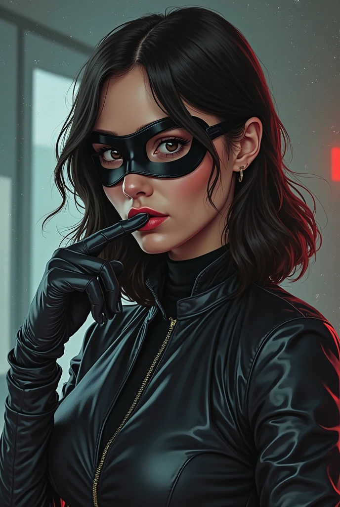 a sexy minion with black hair and black glasses showing a finger up 