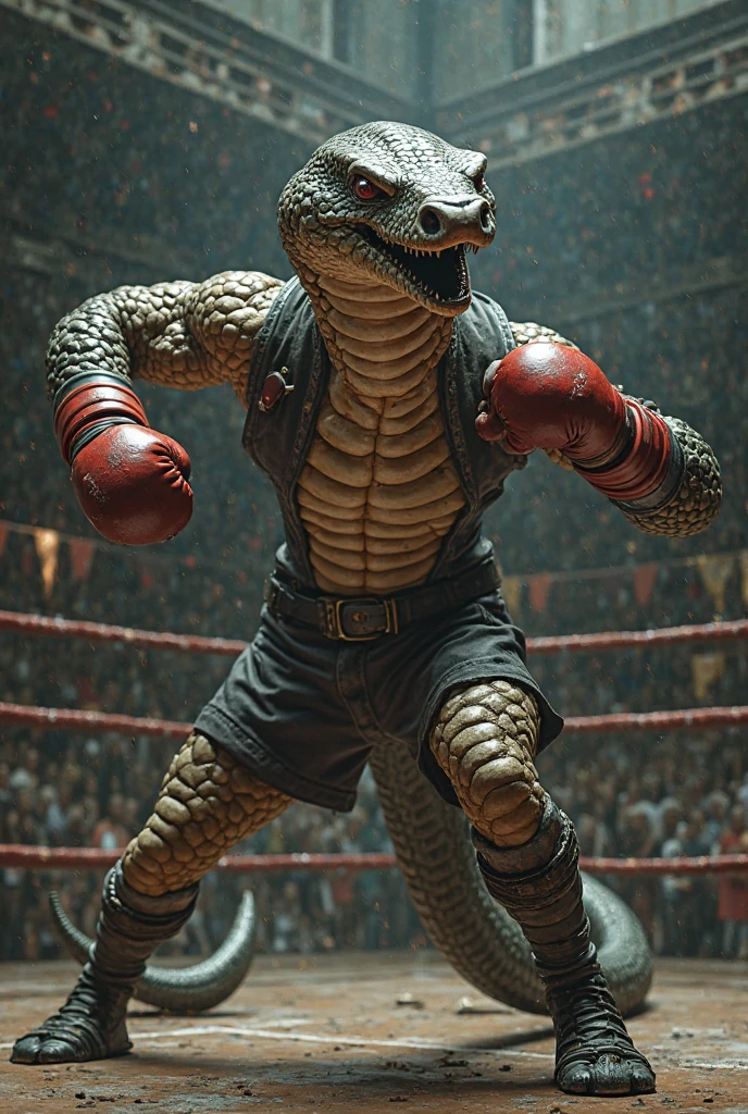 Bodybuilder boxer mix snake in boxing ring scary picture