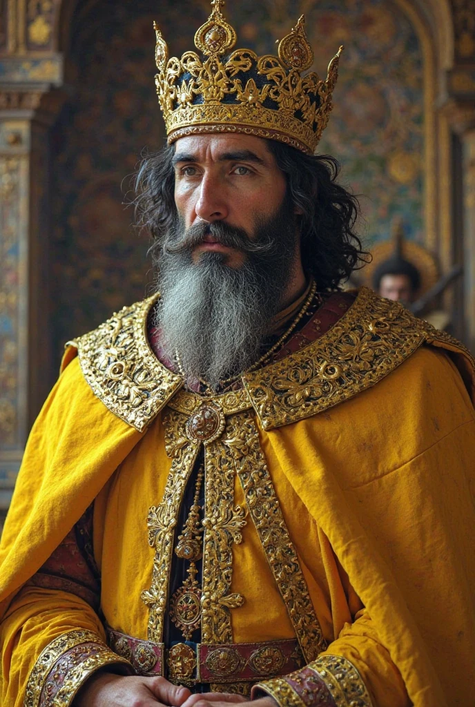 Rich white man with golden jewels, full beard, ancient Israelite, wealthy, happy