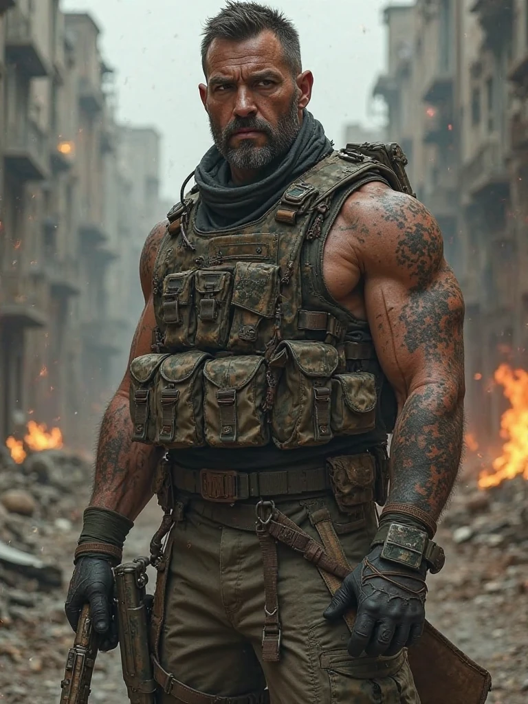 A bare-chested soldier with a body covered in tattoos is holding a