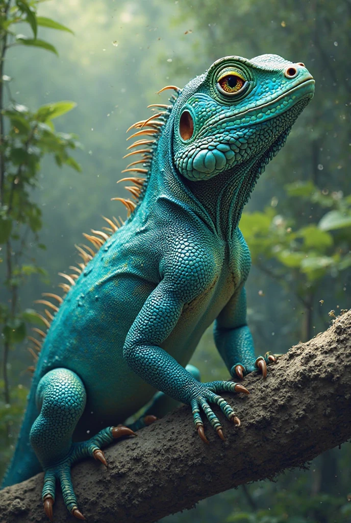 Shallow depth of field, sharp focus, best qualityer, chameleon catching flies, tropical rainforest