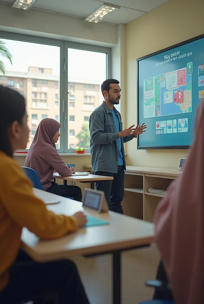 A hyper-realistic classroom scene in a modern school boy students are engaged in learning. The boys are wearing kufis or modest casual clothing, The handsome teacher, using a smartboard and digital tools, is actively interacting with the students. The classroom is bright with natural lighting, featuring ultra-detailed textures on furniture, clothing, and facial expressions, creating a lifelike and immersive educational atmosphere. The environment reflects a warm, interactive, and realistic contemporary learning space. No text overlay, allowing for a custom caption
