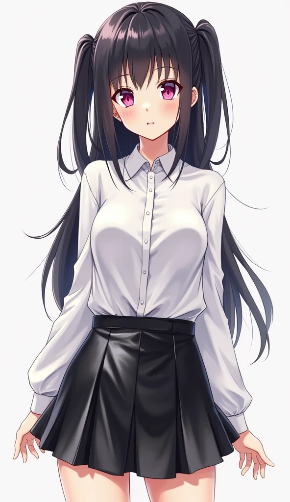 A woman with very long black hair, (very long hair:1.25) and (long bangs:1.5), wearing a miniskirt, standing. The artwork is inspired by manga and incorporates a doujin style. The woman appears to be (wetting herself:1.5), which causes her to feel embarrassed and humiliated, resulting in a blush on her face. In addition, there is an air of anger in her expression. The lighting in the scene is moody, with a spotlight highlighting the woman's figure, She has a very large pee stain that covers almost the entire front of her skirt., large breasts, midriff, crop top, skinny