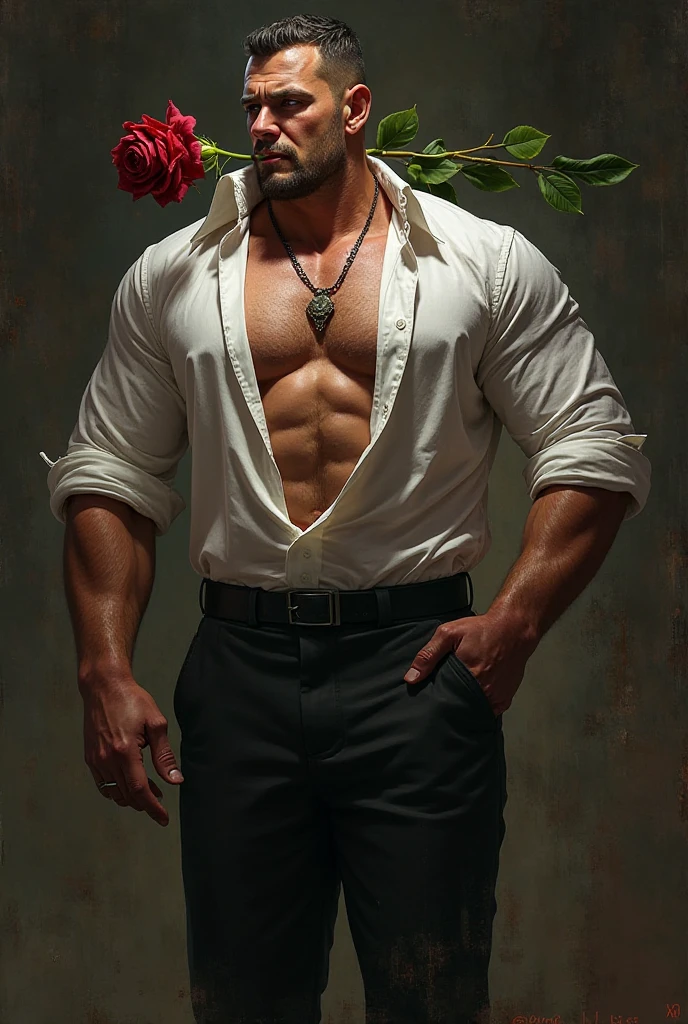 best quality,masterpiece,Ultra high detail,A handsome muscular man,Short black hair,topless,(Flowers on the shoulder), With rose flowers in his black micro thong, flowers covered around his head, eyes are closed, covered, eyes are blindfolded with black cloth, realistic,Grey background,red, yellow and white rose flowers,