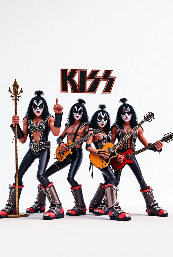 kissb2023, 4 men, 4 people, masterpiece, best quality, 8k, uhd, detailed skin, standing on stage, rock band, drummer, singer, guitar, armor,