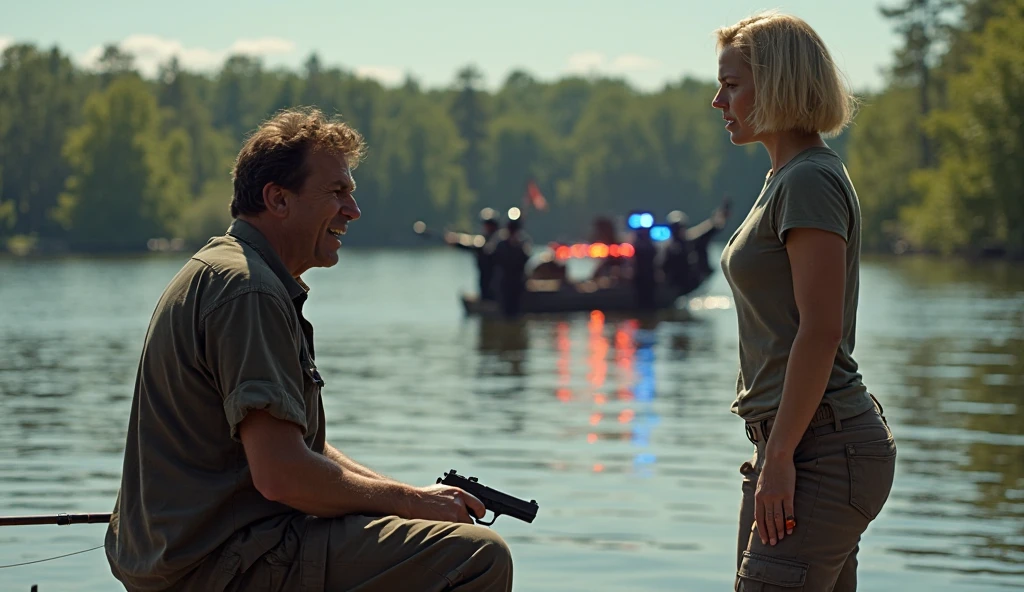 Charlize Theron and Jason Voorhees on the lake among the children&#39;s camp. Charlize Theron hugs baby Voorhees