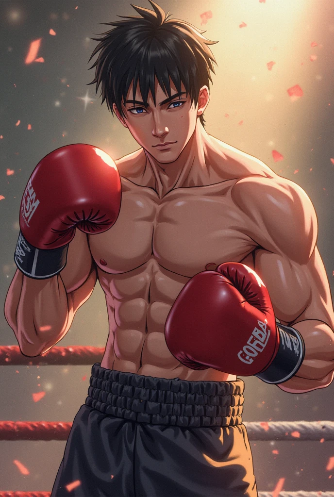 a shirtless exhausted 19-year old handsome caucasian male in faded haircut, mma gloves, fighting shorts, cute, handsome face, six-pack abs, beautiful body, well-defined body, sweating profusely, dripping sweat, drenched with sweat, panting, exhausted, standing in the ring
