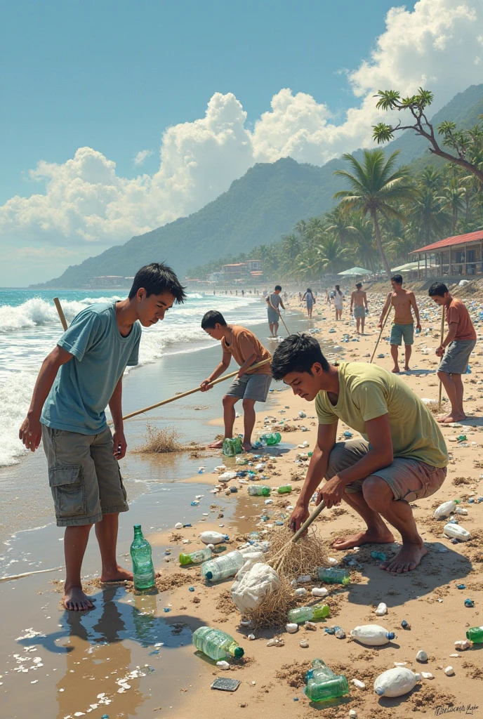 Meme where the beach is full of trash and the water is dark and people are picking up the trash