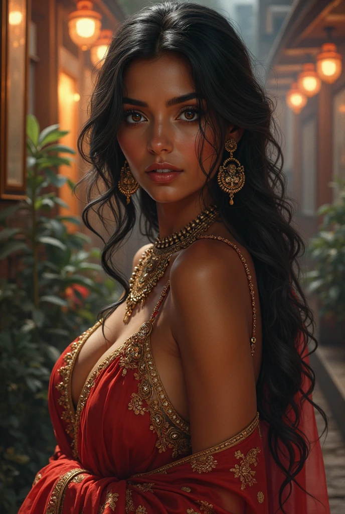 full body naked,big , night bokeh effect background, perfect pink eyes, fantastic face, Indian, beautiful look, ((red lips, bright eyes, curve heir 1.5)), ((beautiful details body)), A glorious gorgeous, glorious gorgeous face, pretty face, bright eyes, detailed elegant printed shirt, updo elegant hair, blurred gray tones background, ultra focus, face ilumined, face detailed, 8k resolution, painted, dry brush, brush strokes,