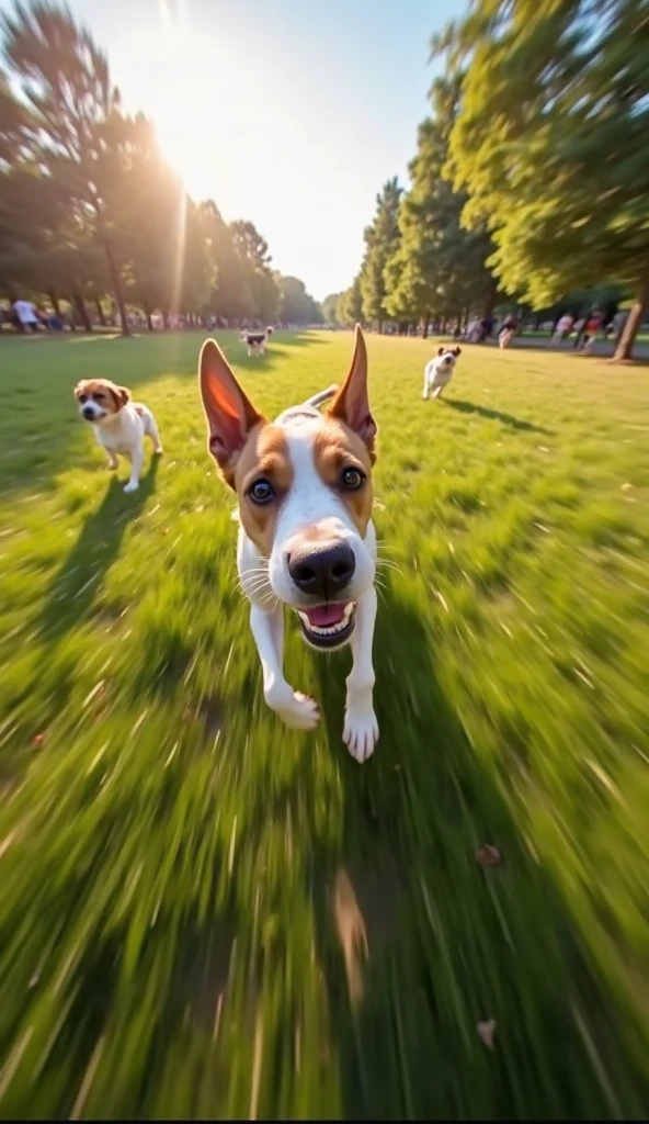A dog runs across the filed of vies of a camera, the camera tries to track the dog, this leads to an image with a lot of motion blur