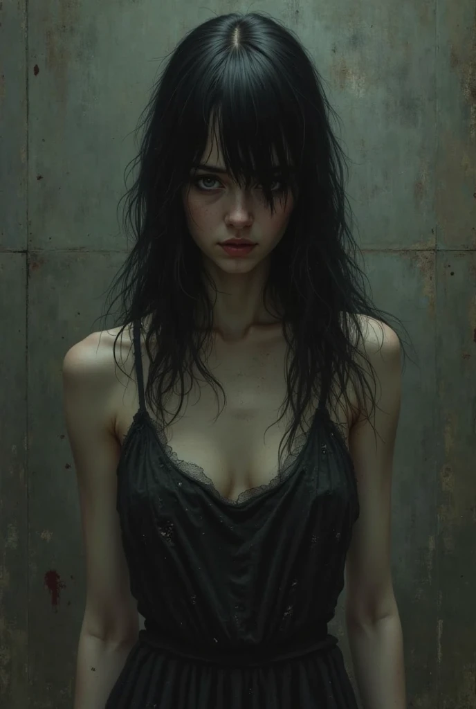 Create a black-haired woman with a white spot in her hair and white skin. That she is tied with chains in a dilapidated room with dirty stains and that the woman's clothes are torn