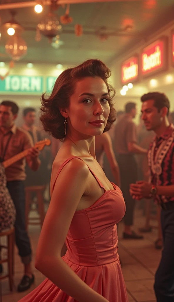 razor sharp focus, intricate detail, a beautiful woman, at a carnival, 1950s vacation, 1950s hairstyle and clothes, brunette hair, busty with ample cleavage (cinematic lighting:1.1), photographed on a Fujifilm X-H2S, 90mm F/8 Macro Lens, with expired Kodak VISION3 500T color negative film, 8k, (full body:1.0)