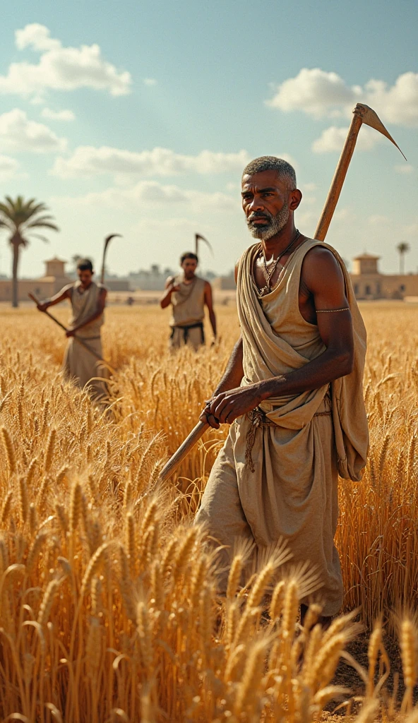 a man in a tribe in the 400s after Christ harvesting wheat,with people in the background also harvesting,the closest ones sitting 8 people in a circle as if they were talking