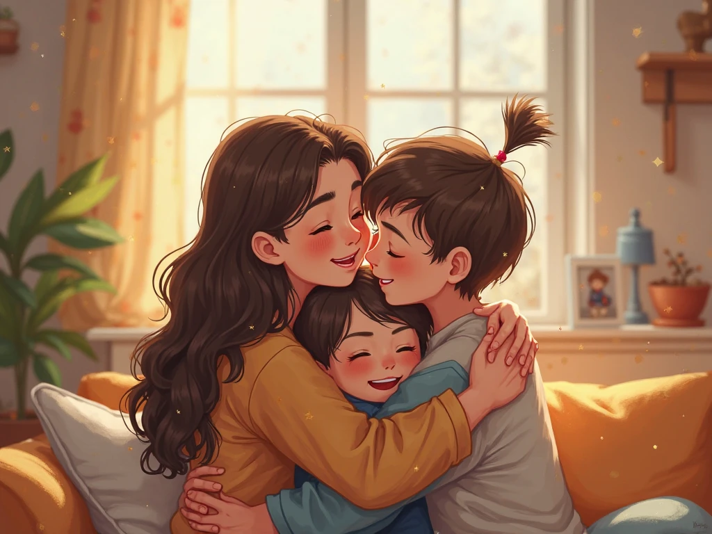 Kids give kiss to mother