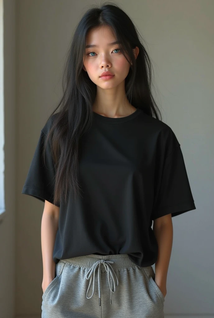 Create a image of a teenager shy girl around about 5 ft tall black tshirt and blue jeans