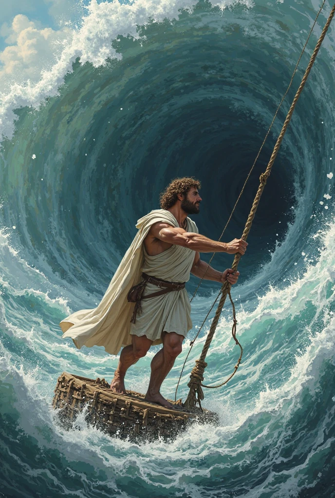 There are dark clouds in the sky.
A huge wave is rising in the river. A middle-aged sailor is swimming in the river, another scholar is drowning in the water, he has a turban on his head and is waving in his hand, only his book is sitting on the water and his head is submerged.