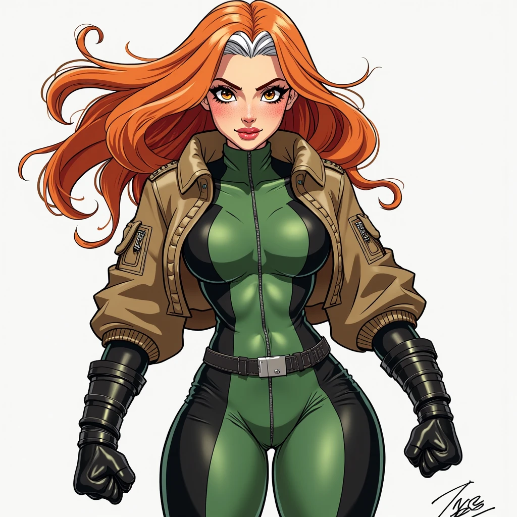 score_9, score_8_up, score_7_up, score_6_up, 1girl, solo, looking at viewer, DEFrogue, breasts, long hair, dyed bangs, green headband, two-tone leotard, high leg leotard, brown jacket, yellow gloves, belt, clenched fists, rolled up sleeves, smile, standing, cowboy shot, cropped feet, foreshortening, science fiction, hatching (texture), marker (medium), traditional media, retro artstyle, <lora:j_lee_xmen-06:1>, <lora:rogue-guy-PONYv1:0.6>