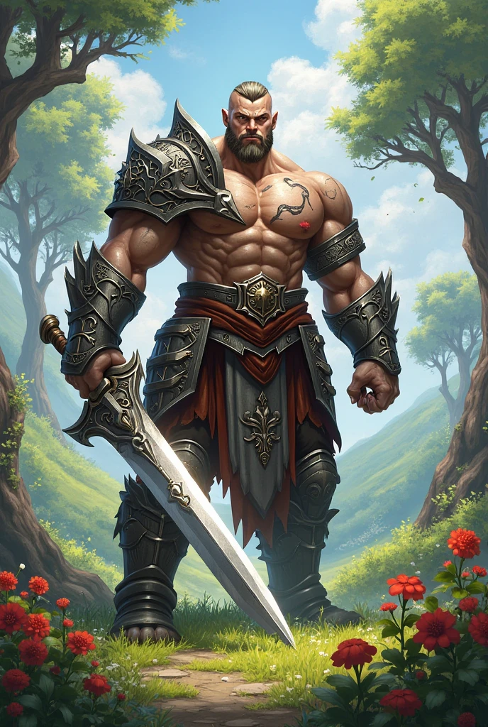 Powerful warrior, upper torso unveiled, lower body uncovered from thighs to feet, cascading long curls, meticulous muscle definition, lifelike depiction, 4K resolution. Background: Mythical fantasy landscape.,32k uhd, best quality, masterpiece, super detail, high details