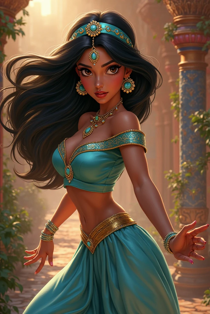 Stunning Princess Jasmine, photo in 8k, in action, cinematic.