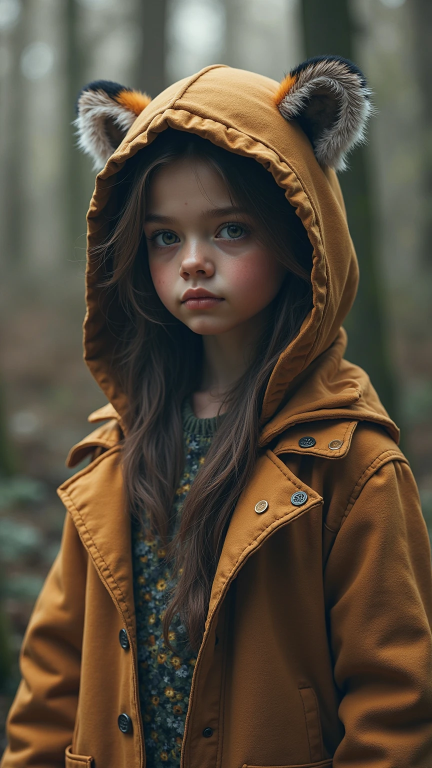 GIRLS Russian children with 10 years, loiro cabelos compridos, PORTRAIT, JAQUETA PRETA E ROUPA PRETA, FUNDO AMARELO.