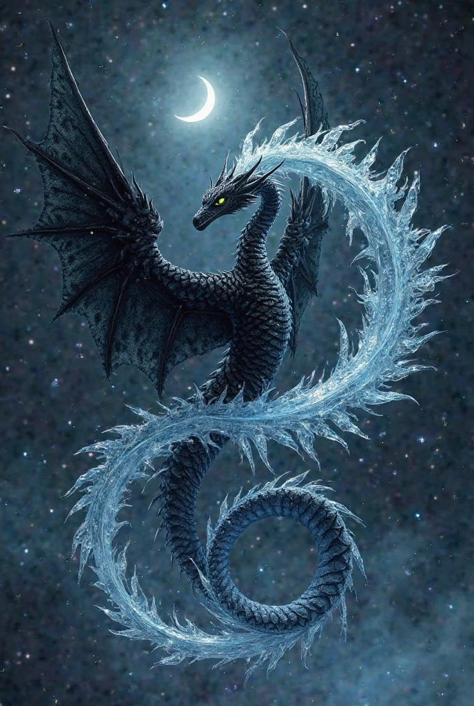 a seiryu dragon (wingless and long) wrapped around a crescent moon