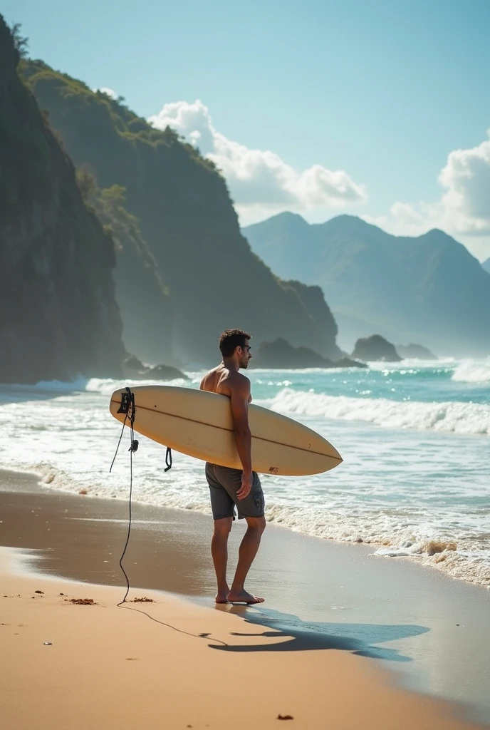 (Photorealism:1.2), man with brown eyes and brown hair on the beach in RJ with a super detailed ultra-realistic photorealistic 8k surfboard 