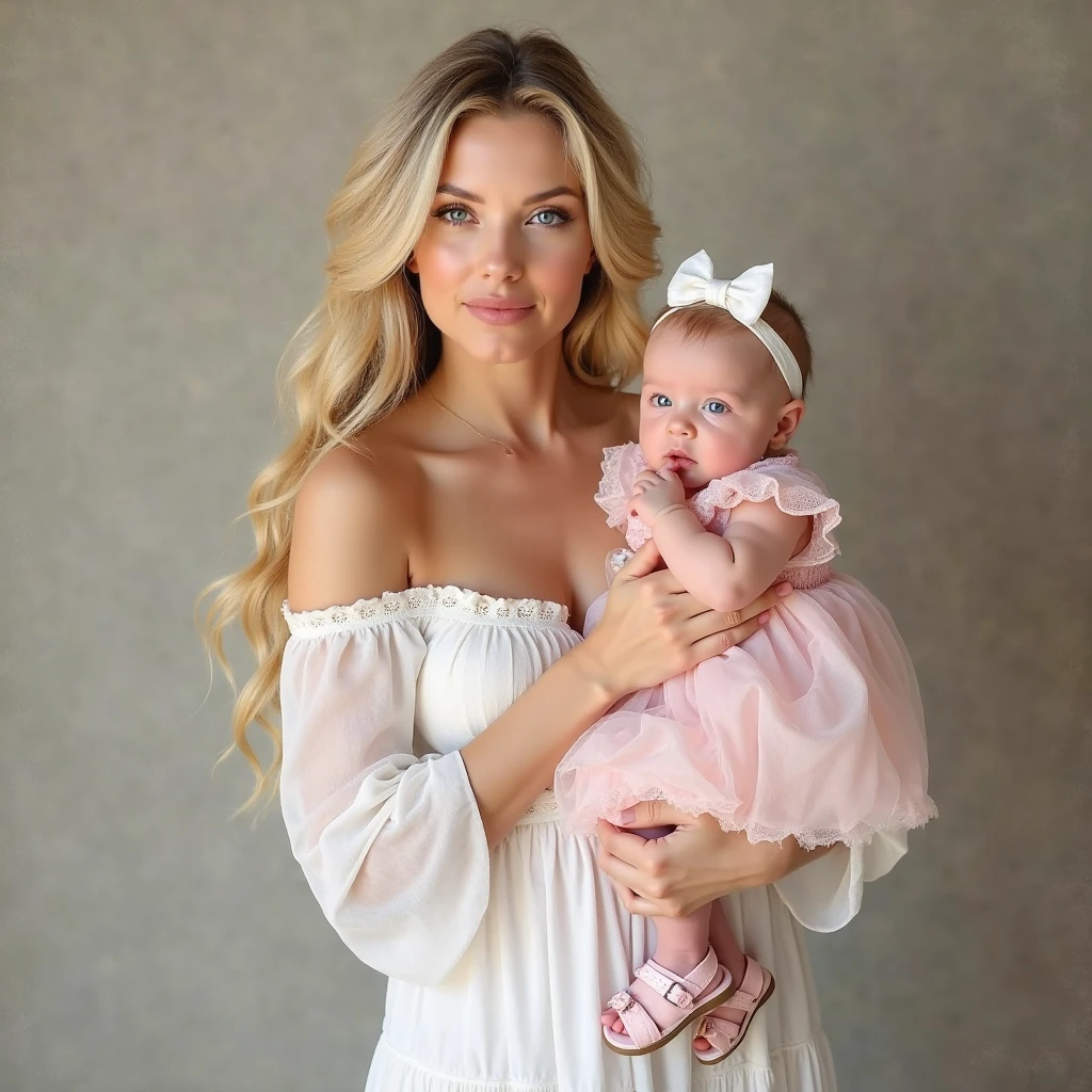 Beautiful blonde woman carrying a baby