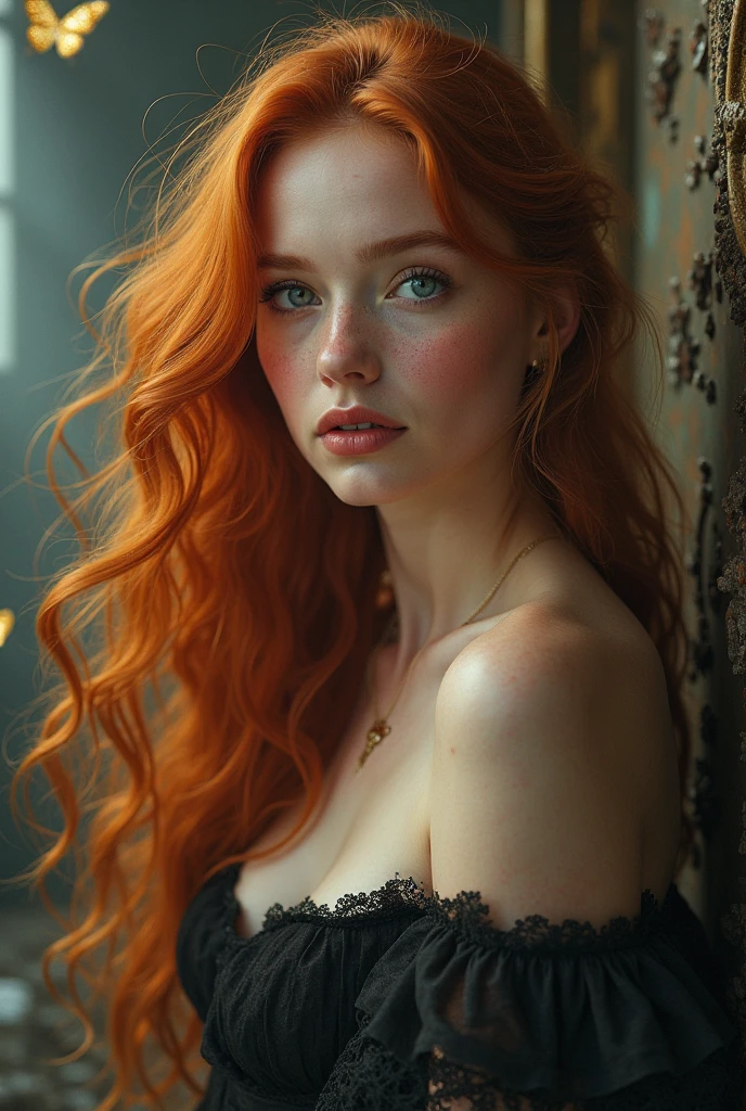 Rococo style woman with natural red hair and pale skin