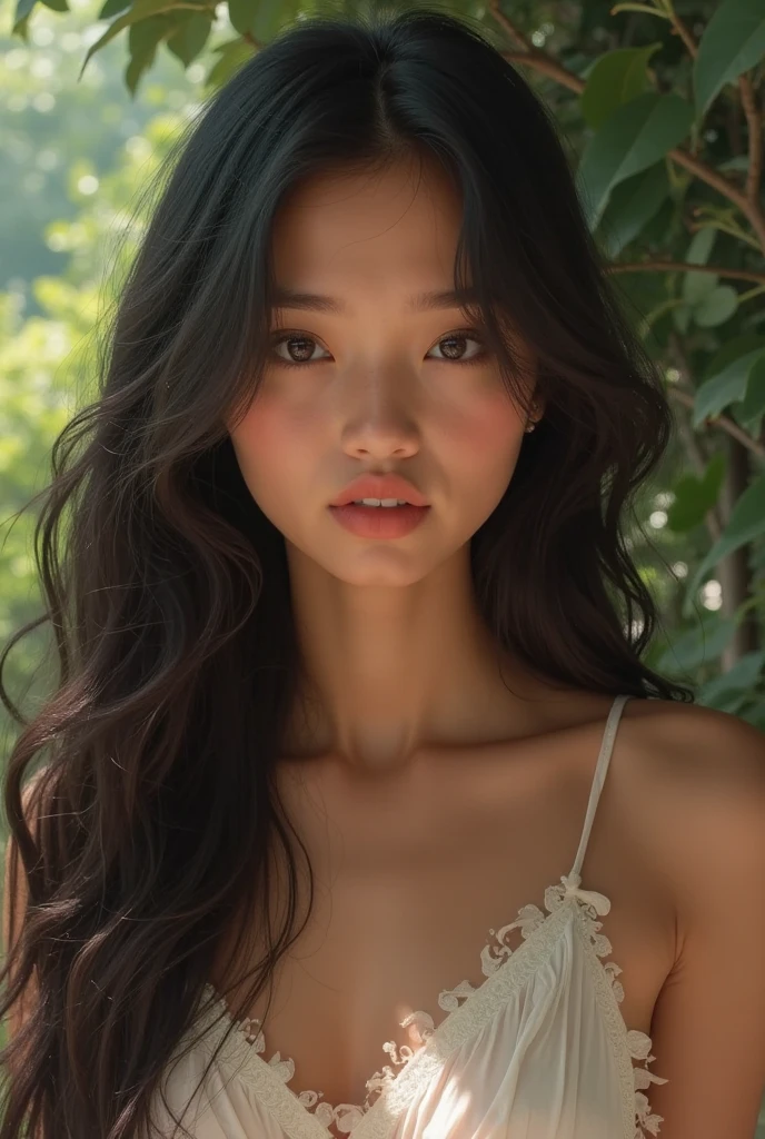 a hot girl ,with black hairs 20years age, standing beside a tree , for youtube vedios ,hyper realistic