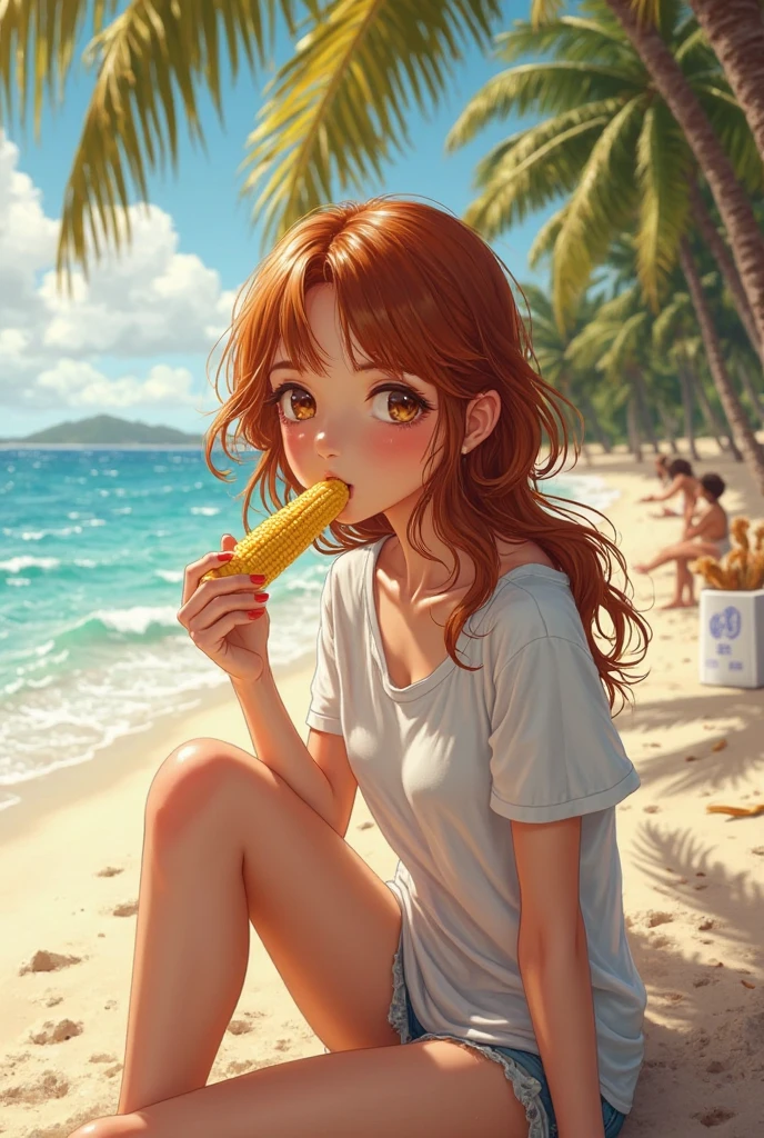 A girl in bra on beach with eating chicken 