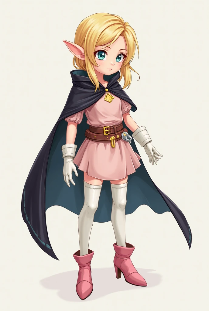 Elf Boy, with blond hair, left eye blue, right green, in a light pink short dress, long white stockings above the knee, elbow-length white gloves, covering the palm, pink closed high-heeled shoes with buckle, a sheath on a belt, in a dark cloak