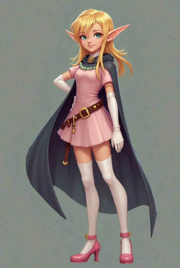 Elf Boy, with blond hair, left eye blue, right green, in a light pink short dress, long white stockings above the knee, elbow-length white gloves, covering the palm, pink closed high-heeled shoes with buckle, a  on a belt, in a dark cloak