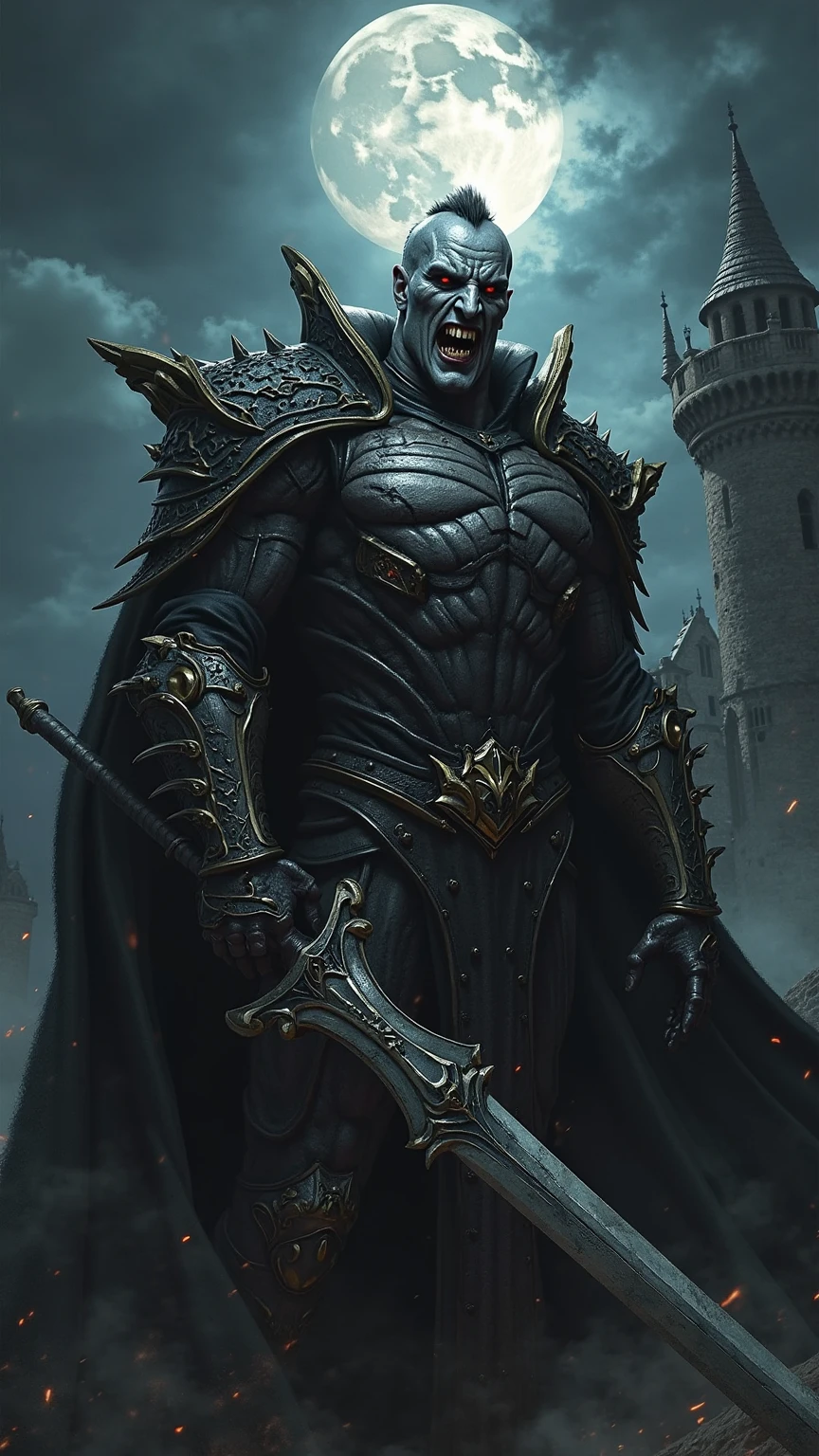 ultraheavy armored vampire warrior, intricate facial features, sharp teeth, intense gaze, muscular physique, wielding massive sword, stormy dark sky, ruined castle in background, moonlit night, dramatic lighting, highly detailed, cinematic, dark fantasy style, oil painting, 8K, HDR, physically-based rendering,extreme detail,professional,vivid colors,cinematic lighting