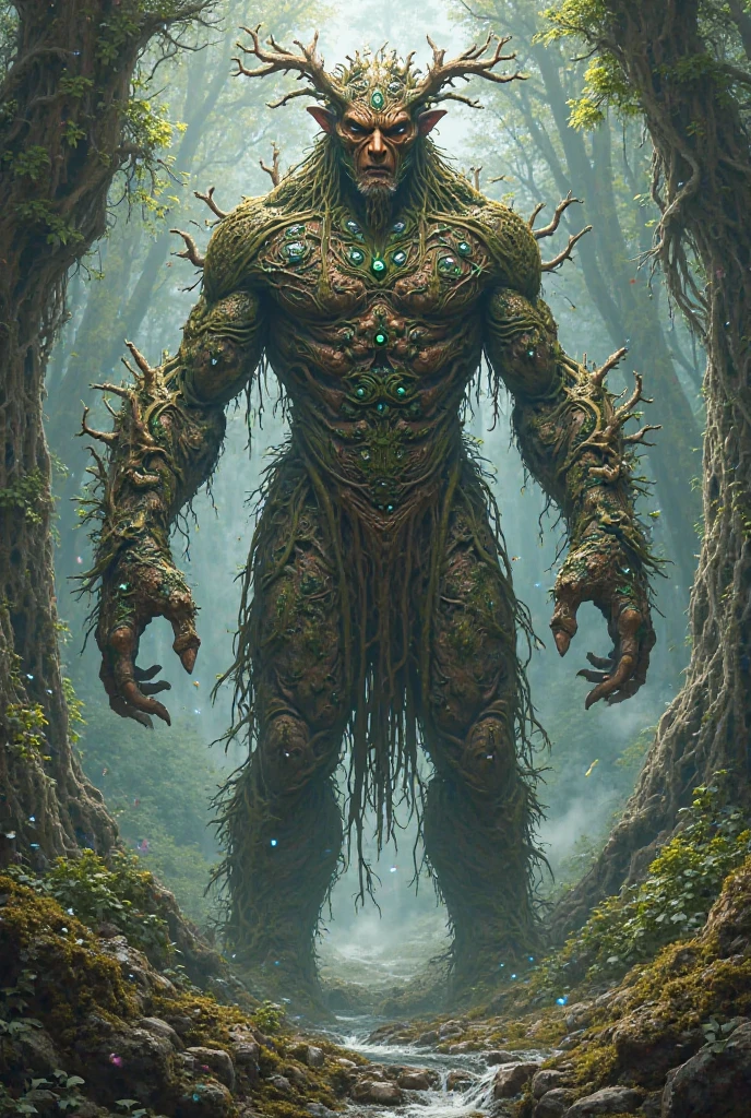 Sylfendrén is a gigantic being, with a body formed by roots and bark, but with an ethereal touch. Her skin glows slightly with a soft green light, as if the very essence of life flows through it. Instead of a completely arboreal appearance, Its form is more fluid and changing, adapting to the environment. It has leaf-like wings that unfold when it needs to move quickly.. His eyes are spheres of golden light, reflecting the wisdom of the centuries.