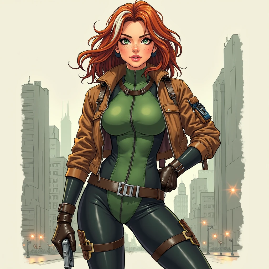 high stature, long hair light chestnut tone, big and almond eyes, intense green eyes, slender and elegant figure, wear a black militar clothes, busty, booty. Low-cut blouse. Weapon in hands. Comic style