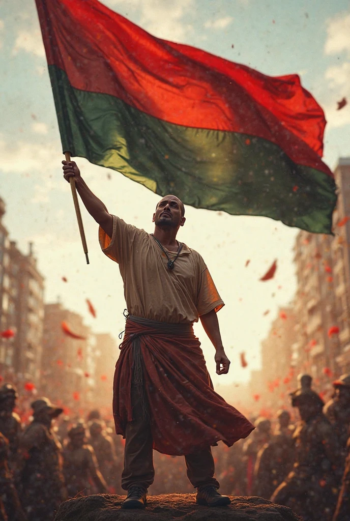 a Big Palestinian man is standing in a city with sword , he is high than big  building and he looking his body and holding Palestinian plag by his hand, his dress is maked by Palestinian plag and he is killing is a man. who are dressed by Israeli plag