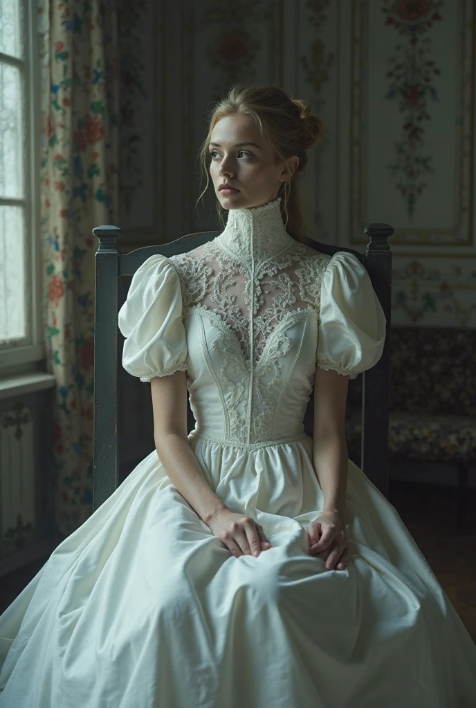 La Dame Blanche, assise sur la place passagère dans une voiture, qui nous regarde doit dans les yeux, un regard inquiet et terrifiant, nuit sombre et brouillard, terrifiant