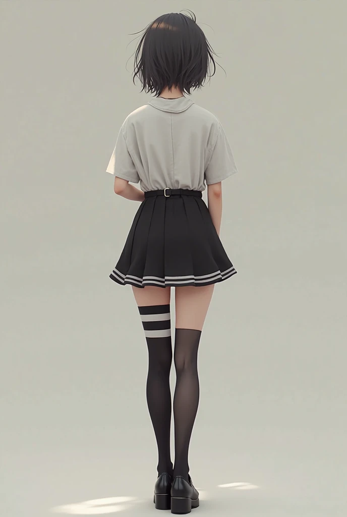 masterpiece, highest quality, Official Art, 8k wallpaper, Very detailed, figure, Small 1 person girl cute, black Hair, Wide Hips, Big Ass, Round ass, wear high heels, wear short black t-shirt , Tight pencil skirt, Sailor Top, Backpack, Are standing, From the side, From the back, face surprised.