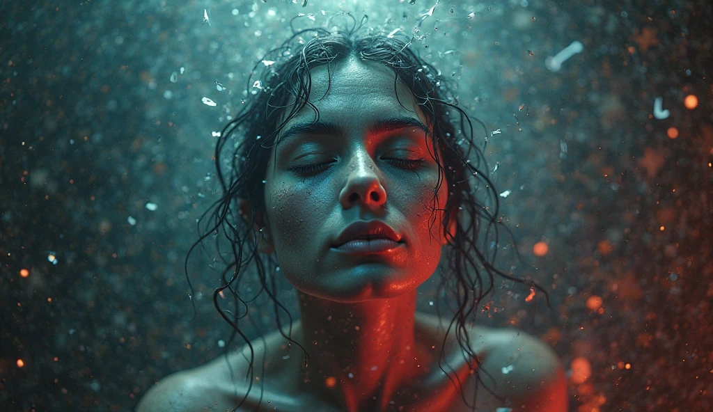 plump and rounded woman in [no clothes], dark wet hair, hourglass body, hairy skin, abs and flat belly, selfie, blue eyes, from above, blushed face, wet skin, magical realism, film grain, Polaroid, Circular polarizer, Saturated, Light sparkles, (sexy), (high quality, 8k, detailed, masterpiece:1.2), hands behind head