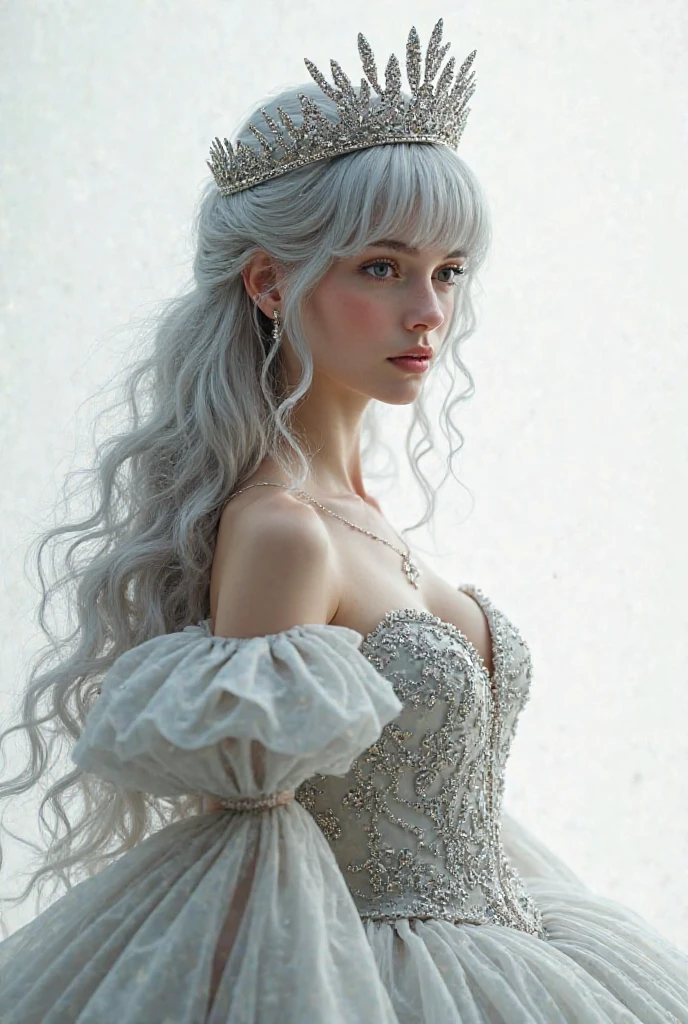 A silver-haired girl in a white dress sits on a chair, Anya Taylor - The Vampire Queen of Joy, gothic princess portrait, 4k HD. Snow-white hair, soft devil queen madison beer, Inspired by Elsa Bleda, Beautiful and elegant demon queen, Very beautiful top model, tom bagshaw style, Beautiful vampire queen, Portrait of the Queen
