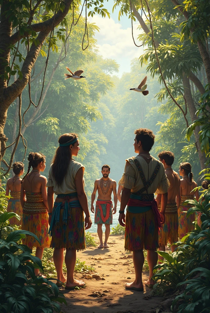 homens da idade da pedra se aventuram em uma densa floresta em busca das preciosas frutas que prometem sustento e prazer ao seu povo,The environment is painted with vibrant colors, representing nature's abundance and the promise of delicious rewards,Stone age men are portrayed as strong and robust members of their tribe, com pele bronzeada pelo sol e adornados com pinturas corporais feitas de pigmentos naturais,They move with grace and skill, showing a deep connection to the world around you,The forest is a tangle of tall, leafy trees, with canopies that create a verdant roof above the hunter-gatherers,Colorful birds fly around, filling the air with his melodic chants, enquanto pequenos animais curiosos espreitam entre os ramos,Com destreza, Stone Age men climb trees using lianas and branches, taking advantage of their acrobatic skills to reach the ripest and juiciest fruits,Some swing on vines, fazendo movimentos graciosos para se aproximar dos galhos mais altos, while others wield expertly carved spears to fish the fruits from a distance,The scenery is illuminated by rays of sunshine filtered through the foliage, creating a play of light and shadows that enhances the natural beauty of the place,Hunter-gatherers move like shadows among trees, giving the impression of being in perfect harmony with the environment that surrounds them,The search for fruits is a journey of cooperation and teamwork, onde a comunidade se une em prol de um objetivo comum. The expressions of joy and satisfaction on the faces of stone age men show the importance and gratification of finding the treasures of the forest,In this representation, Nature is portrayed as a generous mother who offers her gifts to her children with ancestral wisdom,A imagem transmite um senso de paz, harmonia e respeito pela natureza, reflecting the interdependence between humans and the world --auto