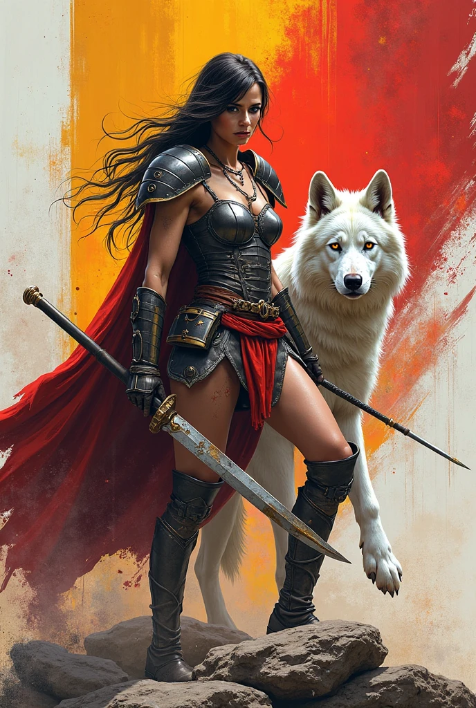 ((((A beautiful woman with long black hair blown by the wind in a red corset with a wide brown leather harness over the corset)))),((((Black legis)))),((((Sheepskin boots with border)))),(((Sheepskin on his shoulders))),(((Tattoos on one of his arms)))),((((Giant Broad-Brimmed Sword)))),(((Black legis))),(((Red boots on sheepdog))),((((Wide silver metal headband with a red star on the front)))),((((Dark silver metal bracelets)))),((((woman with a thick build, muscular arms and legs))))